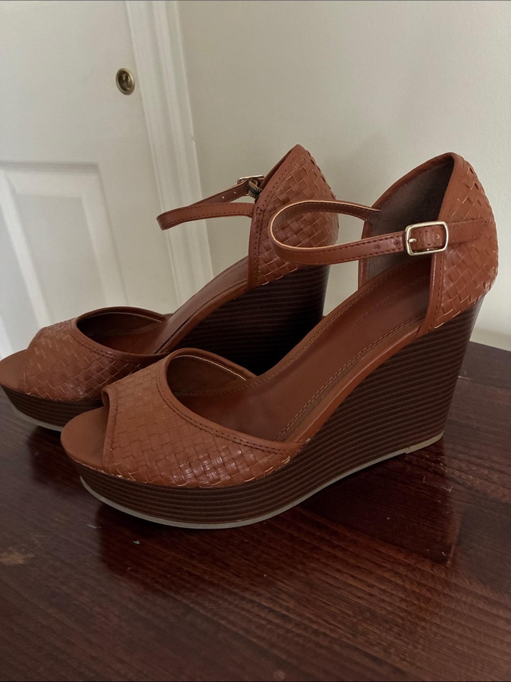 Banana Republic Tan Woven Peep-Toe Ankle-Strap Wedges